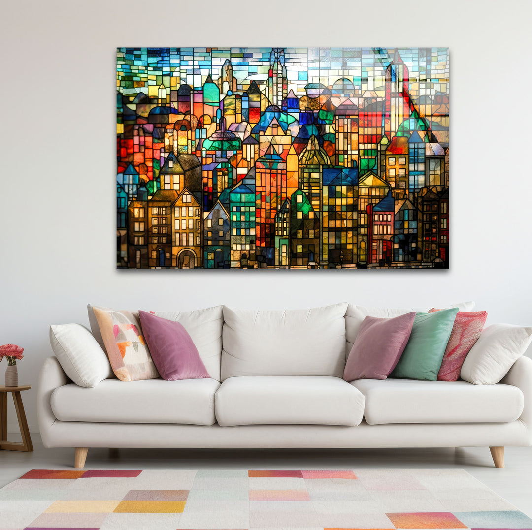 Bunte Stadtwandkunst aus Buntglas – Urban Skyline Glasdruck-Design