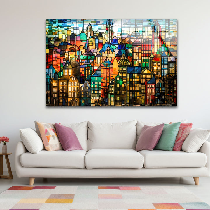 Bunte Stadtwandkunst aus Buntglas – Urban Skyline Glasdruck-Design