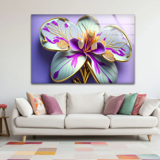 High color saturation enhances the purple and gold tones in this luxury orchid bloom glass print, making it a vibrant hanging wall art piece.