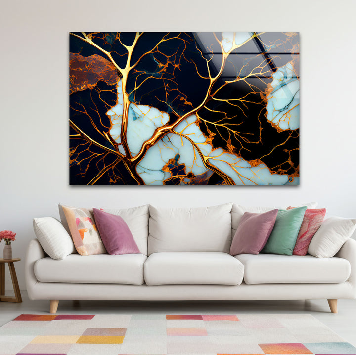 Electric Veins Abstrakte Wandkunst – Goldmarmor-inspirierter Glasdruck