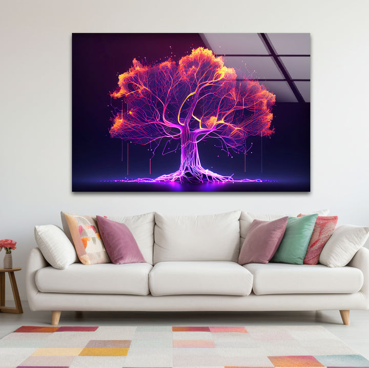 Neon Digital Tree Wandkunst – Futuristischer leuchtender Lichtnetzwerk-Glasdruck