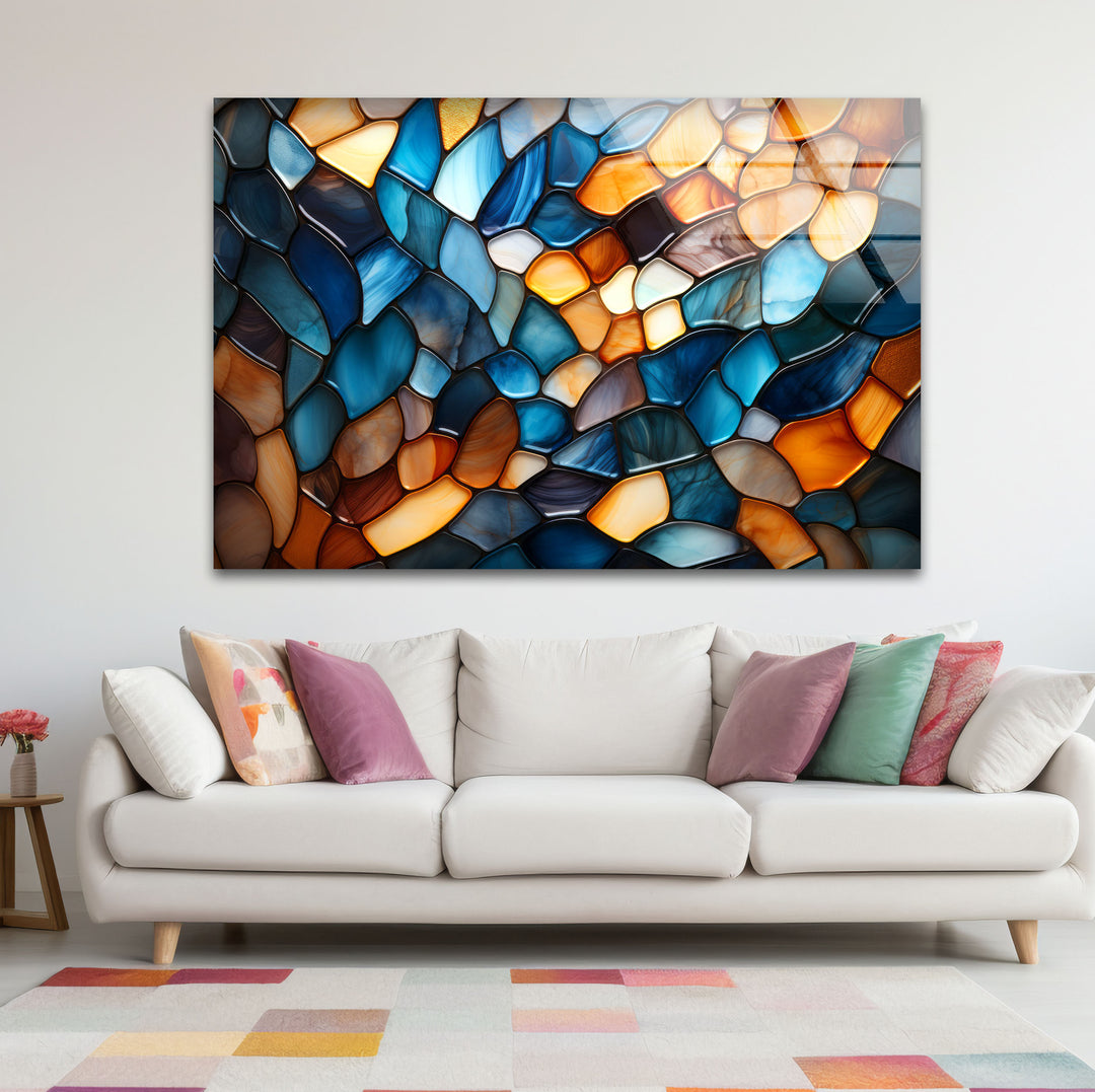 Wandbild mit Buntglasmuster – Abstrakter blauer und bernsteinfarbener Glasdruck 