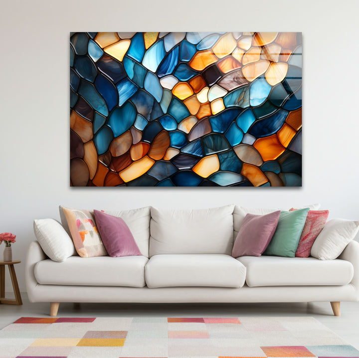 Wandbild mit Buntglasmuster – Abstrakter blauer und bernsteinfarbener Glasdruck 