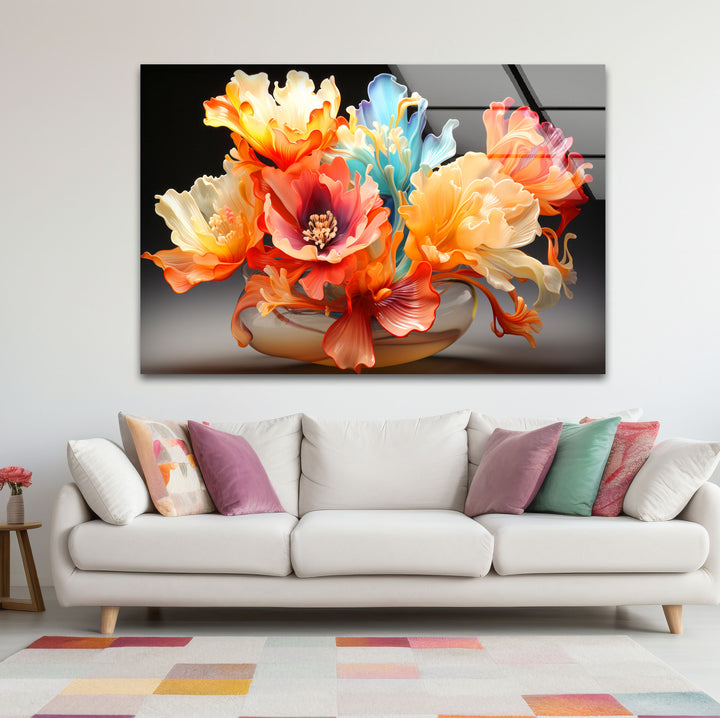 Color Bloom Glaswandkunst – Lebendiger floraler abstrakter Druck 