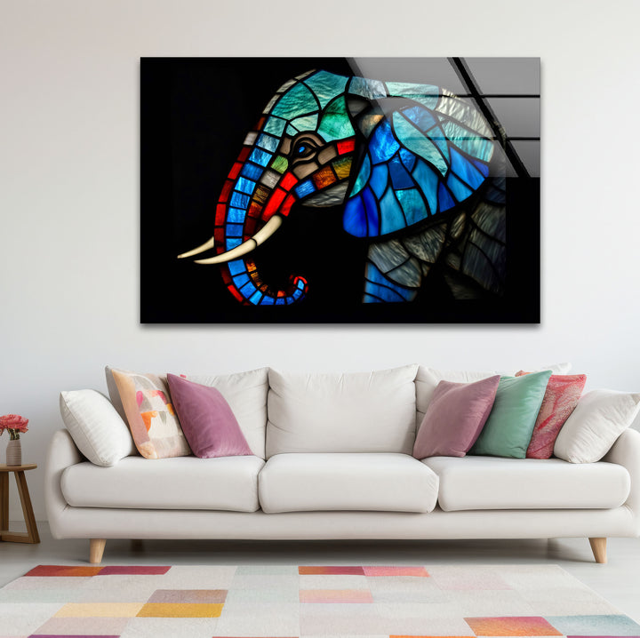 Blaue Elefanten-Wandkunst aus Buntglas – Farbenfrohes Tier-Glasdruck-Design