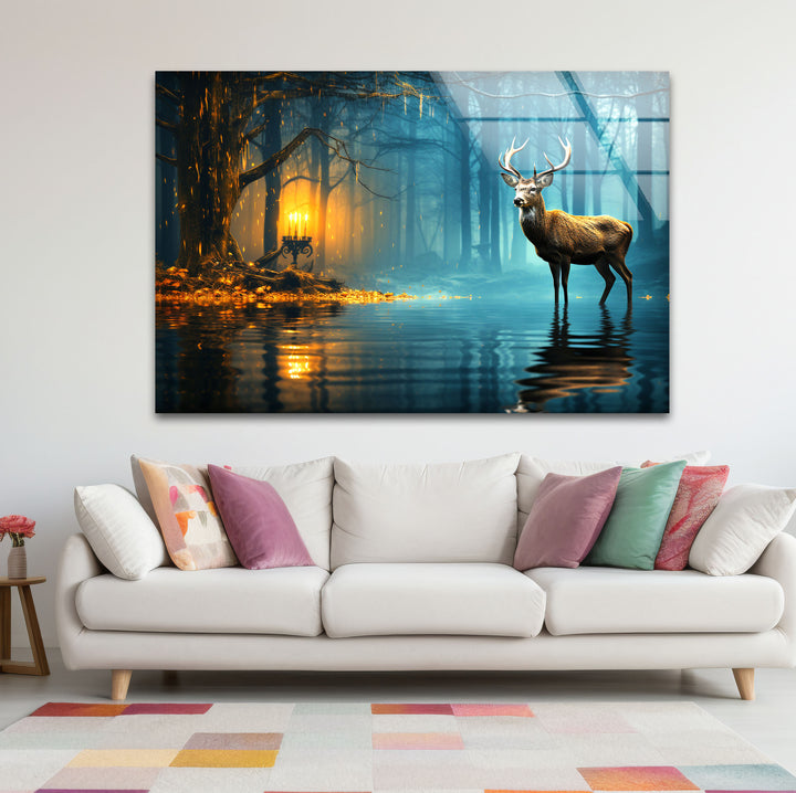 Mystische Wald Hirsch Wandkunst – Verzauberte Natur Glasdruck Dekor