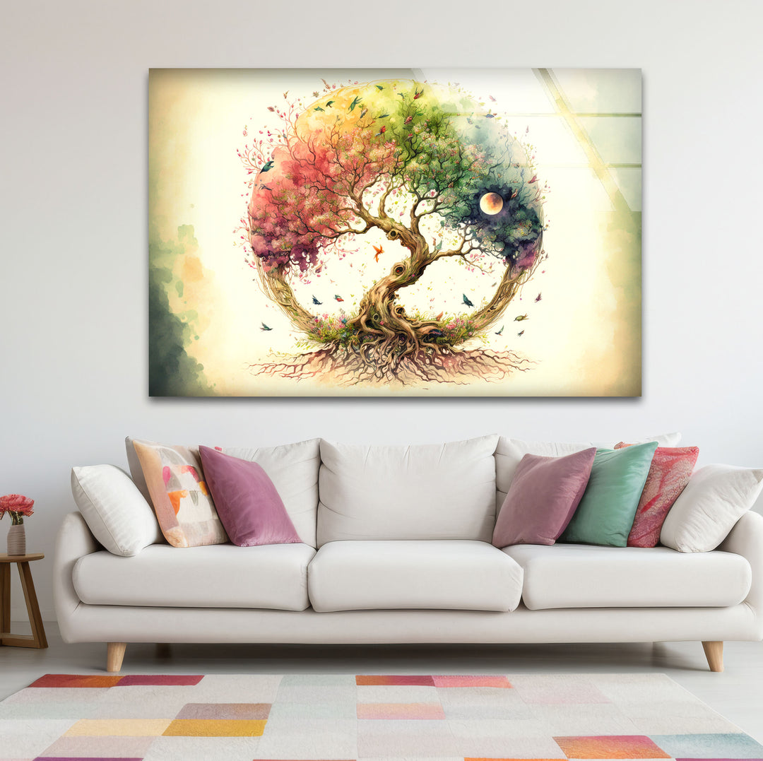 Regenbogen-Baum des Lebens Wandkunst – Wunderliches Aquarell-Glasdruck-Design