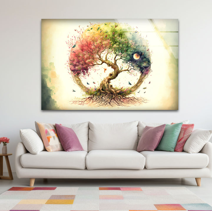 Regenbogen-Baum des Lebens Wandkunst – Wunderliches Aquarell-Glasdruck-Design