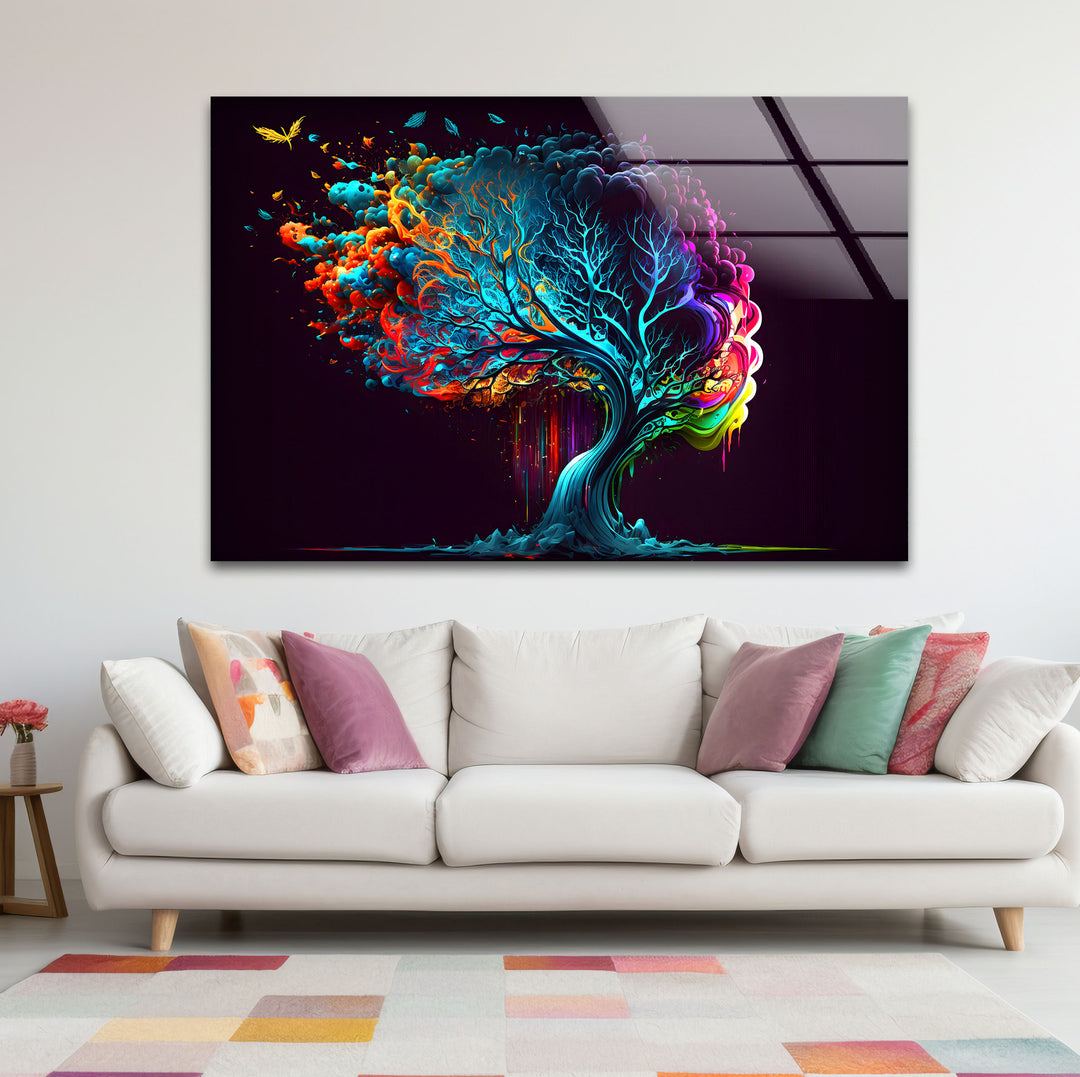 Farbenfrohe Fantasy-Baum-Wandkunst – Lebendiges abstraktes Glasdruck-Design