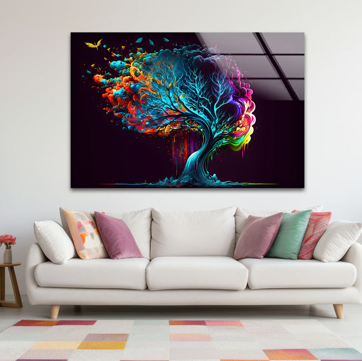 Farbenfrohe Fantasy-Baum-Wandkunst – Lebendiges abstraktes Glasdruck-Design