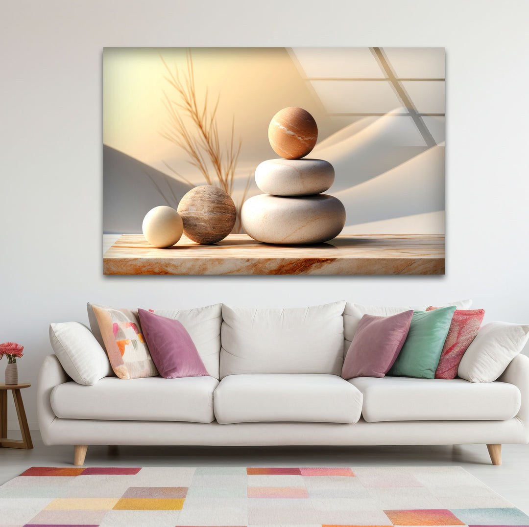 Zen Balance Glaswandkunst – Minimalistische Steinskulptur im Wüstenlicht 