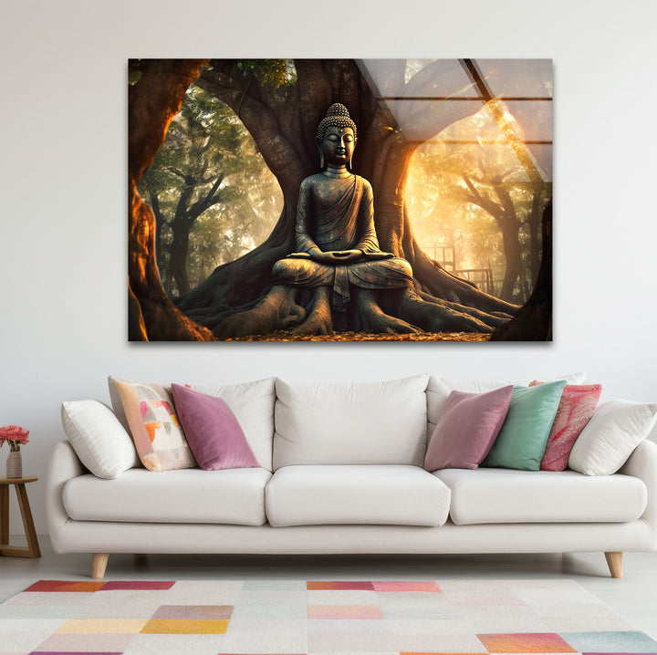 Buddha Under Tree Wall Art – Tranquil Sunrise Meditation Glass Print