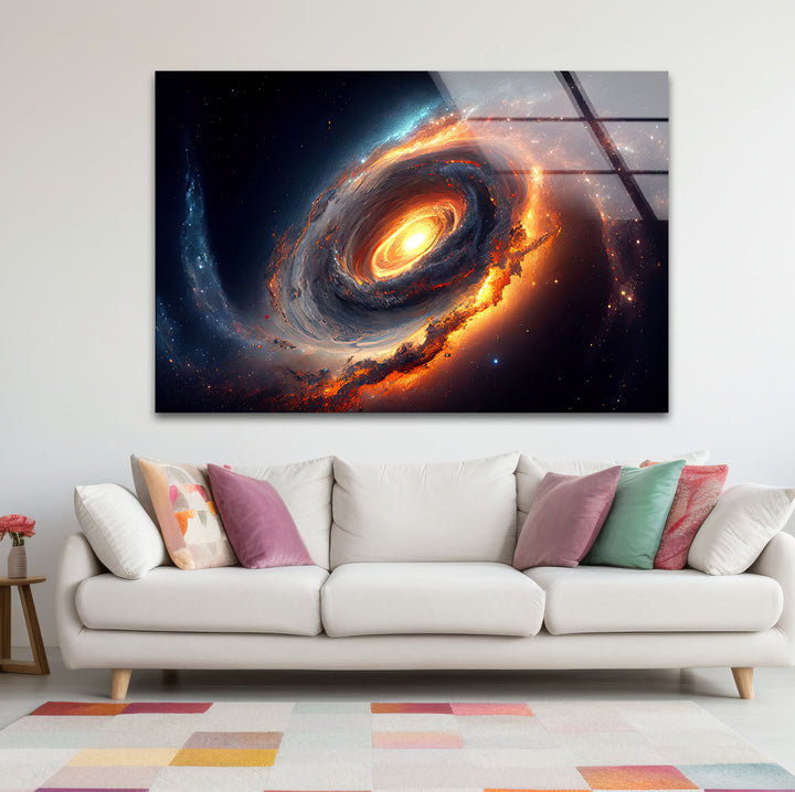 Feurige Galaxie-Spiralwandkunst – Glasdruck mit Weltraumnebel 