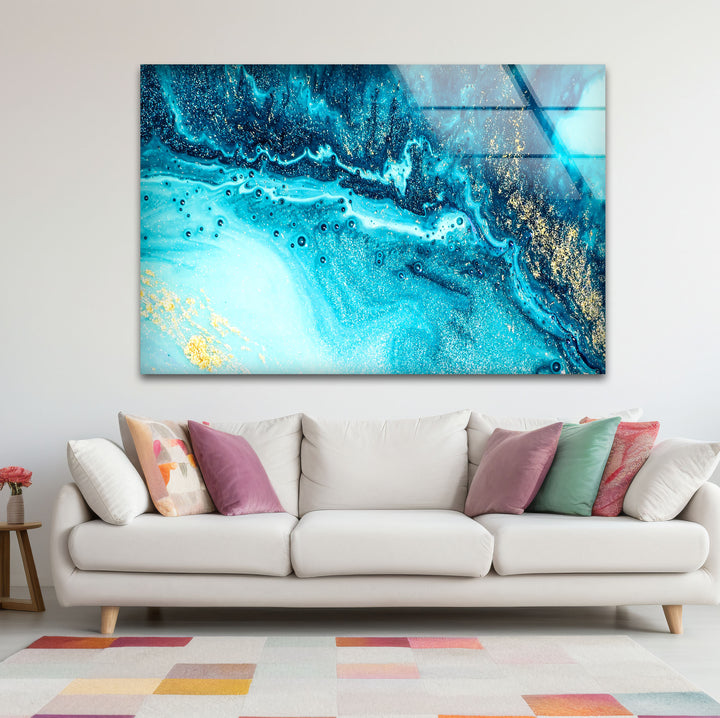Blue and Gold Abstract Wall Art – Ocean-Inspired Glass Print Design