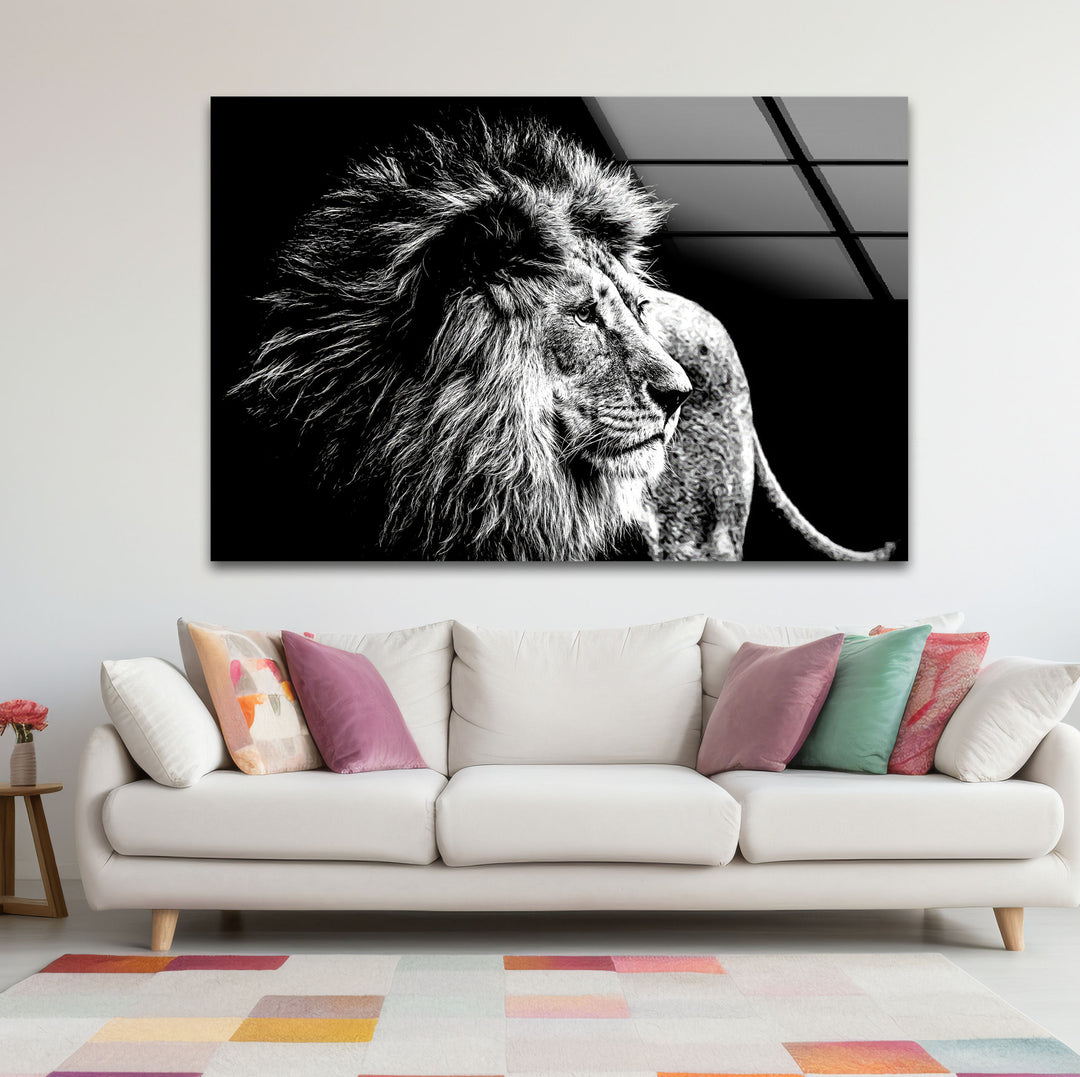 Black and White Lion Wall Art – Majestic Wildlife Glass Print Design