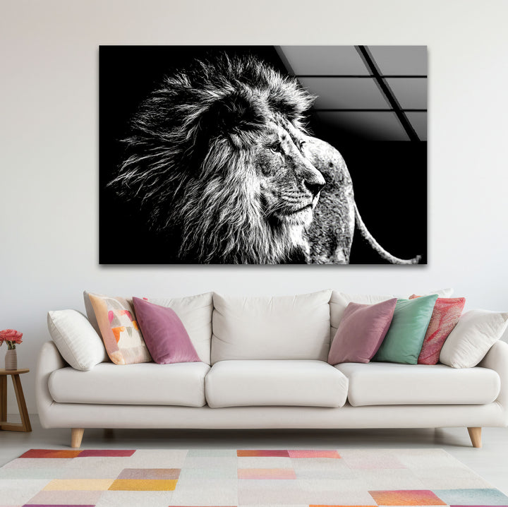 Black and White Lion Wall Art – Majestic Wildlife Glass Print Design