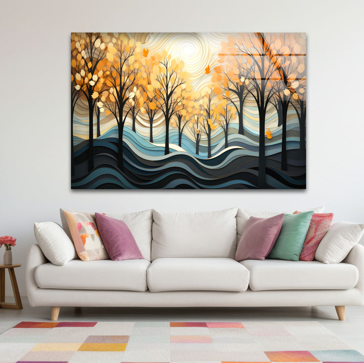 Golden Forest Glass Wall Art – Autumn Trees Abstract Landscape Decor