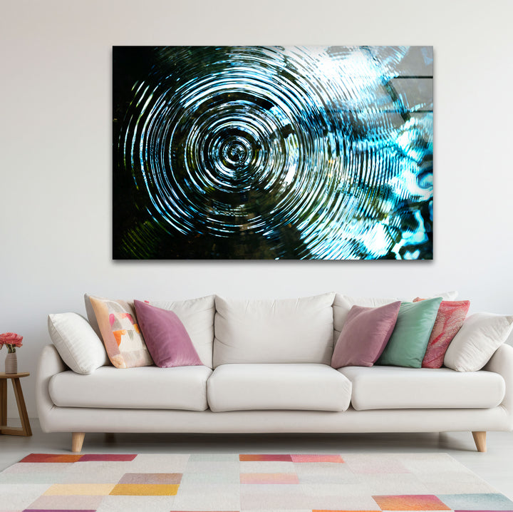 Water Ripple Abstract Wall Art – Blue Circular Wave Glass Print Design