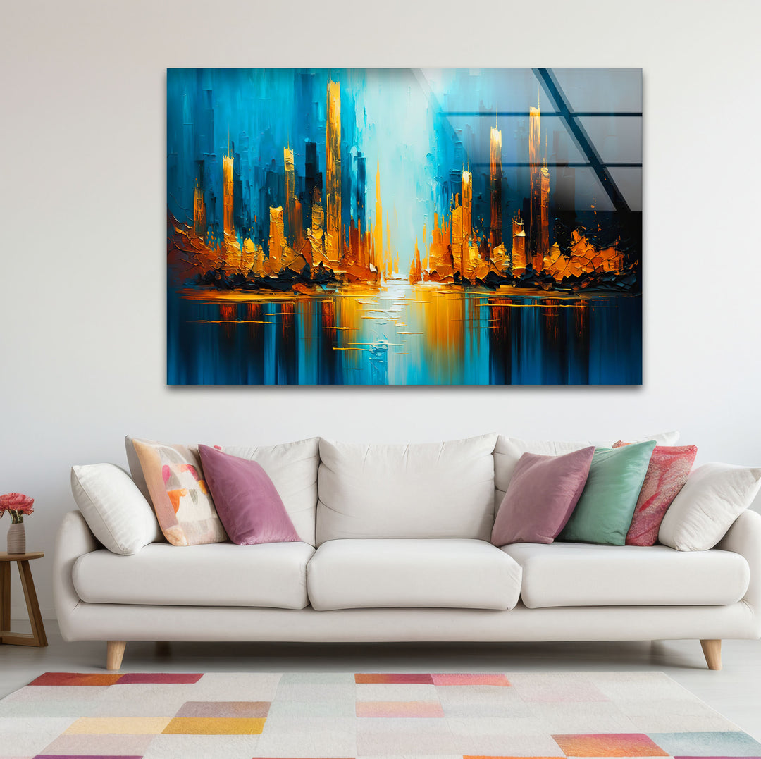 Blue and Gold Abstract City Wall Art – Vibrant Skyline Glass Print
