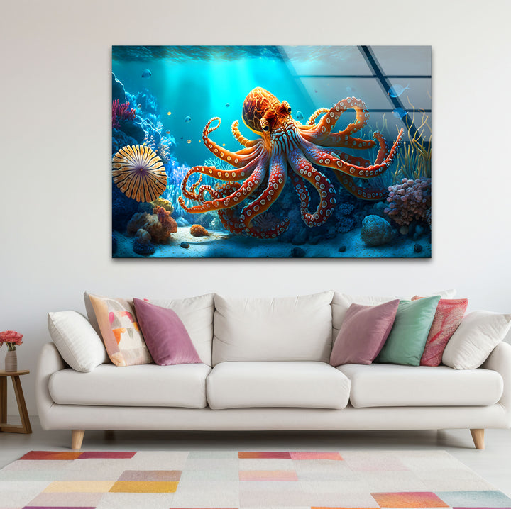 Octopus Underwater Wall Art – Vibrant Coral Reef Ocean Scene Glass Print