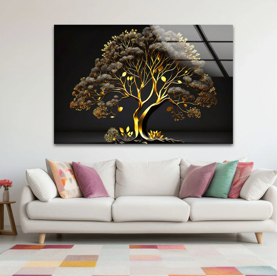 Crafted with tempered glass, this golden tree wall art showcases a luxury gold and black design, reflecting exceptional glass art quality and refinement.