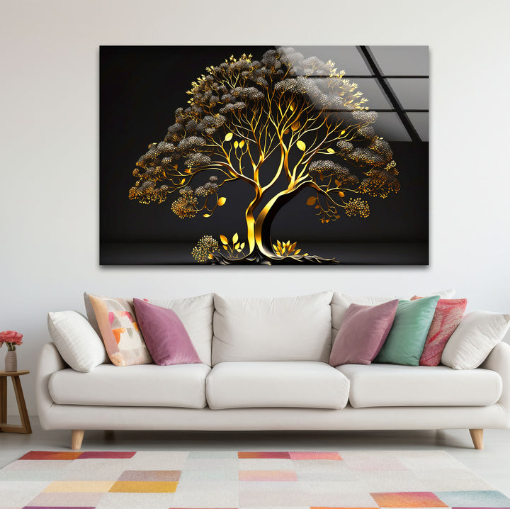Golden Tree Wandkunst – Luxuriöses Gold- und Schwarz-Natur-Glasdruckdesign