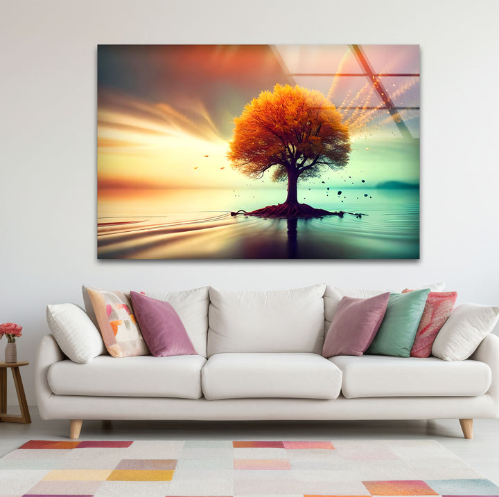 Schwebende Herbstbaum-Wandkunst – Ruhiges Landschafts-Glasdruck-Design