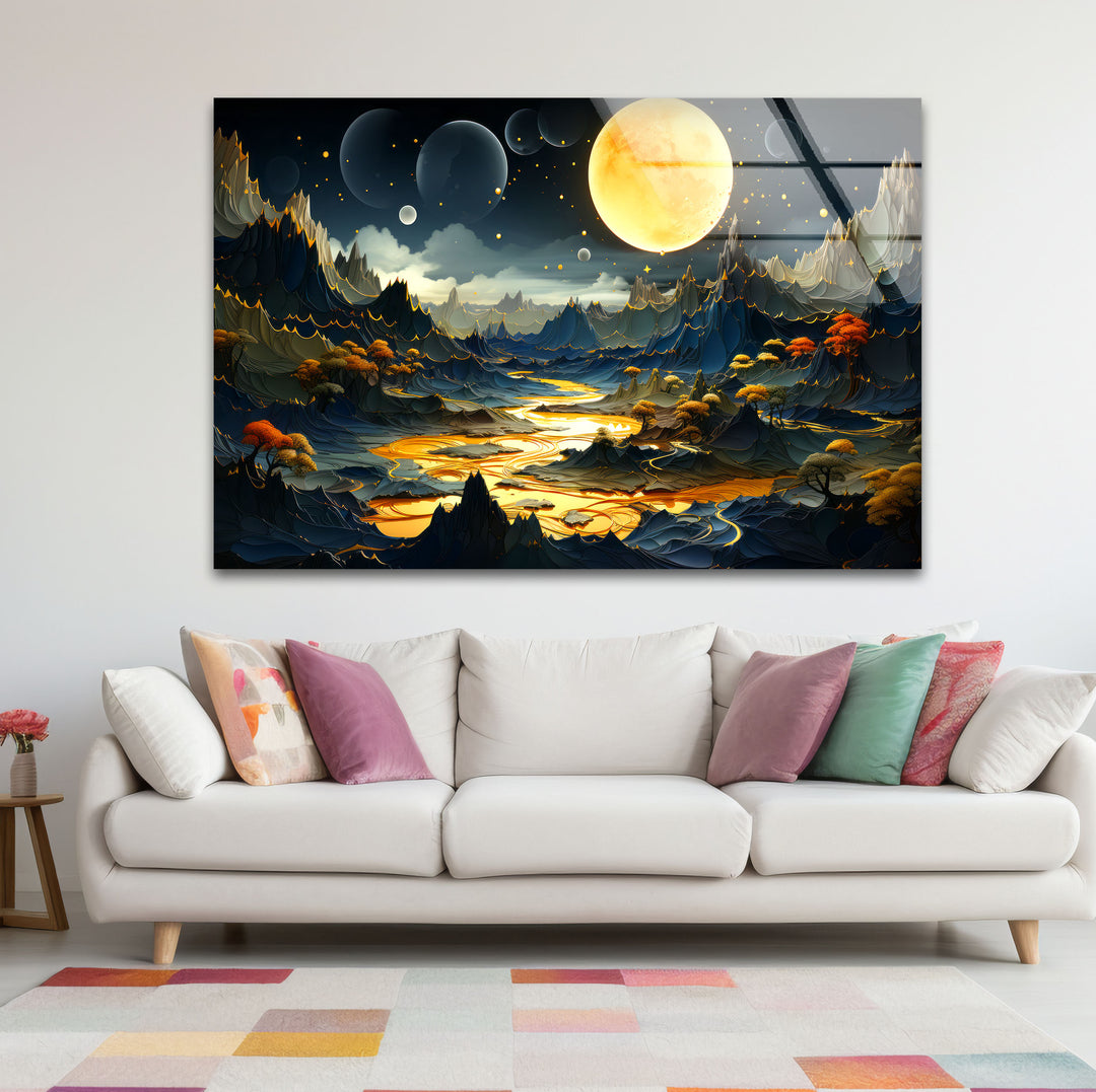 Fantasy Moonlit Landscape Wall Art – Surreal Glass Print with Golden River