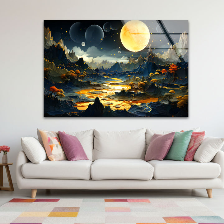 Fantasy Moonlit Landscape Wall Art – Surreal Glass Print with Golden River