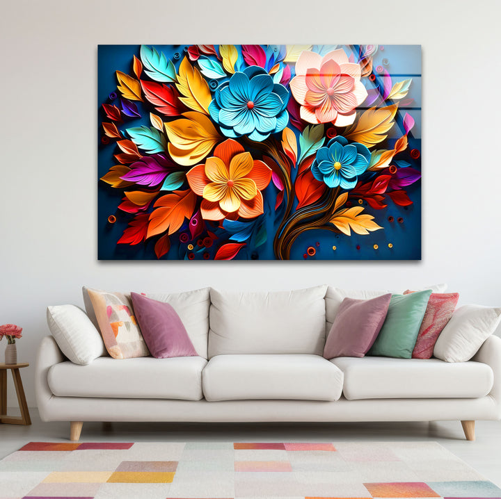 Lebendige florale Explosions-Wandkunst – Buntes Blumendesign aus gehärtetem Glas