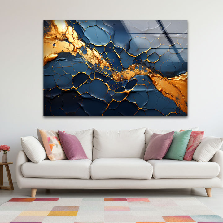 Dark Blue and Gold Abstract Wall Art – Cracked Fluid Glass Print Design