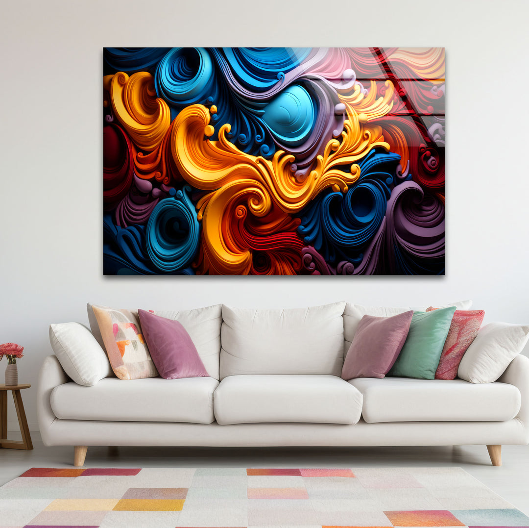Vibrant Swirl Glass Wall Art – Bold Abstract Color Wave Design