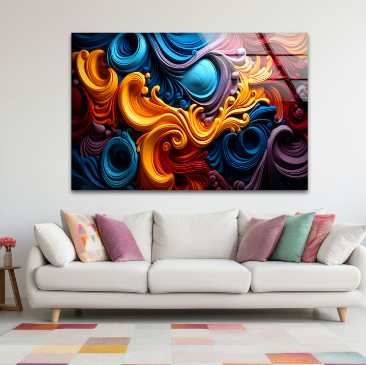 Vibrant Swirl Glass Wall Art – Bold Abstract Color Wave Design