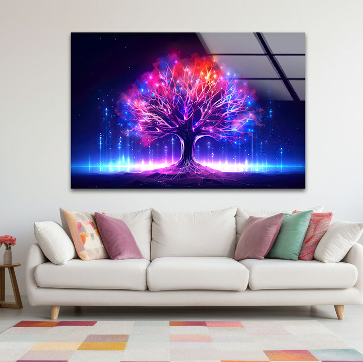 Leuchtende Fantasy-Baum-Wandkunst – Abstraktes Glasdruckdesign mit Neonlicht