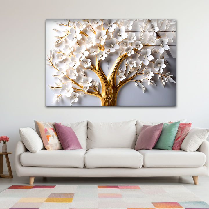 Golden Blooming Tree Wandkunst – Weißer Blumenglasdruck für elegantes Dekor