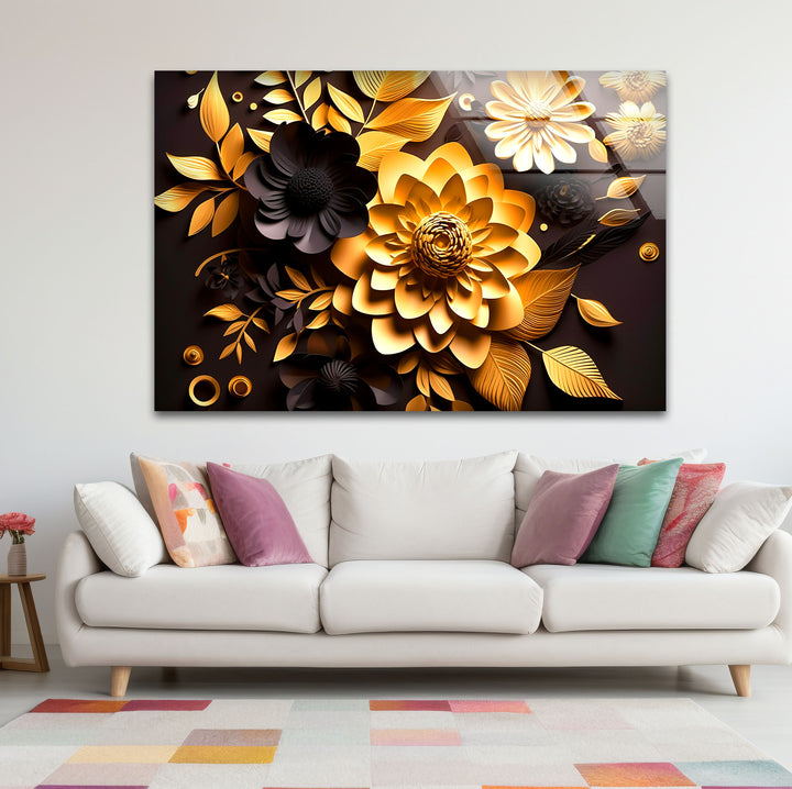 Golden Bloom Florale Wandkunst – Dekor aus gehärtetem Glas in Schwarz und Gold