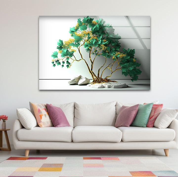 Elegante grüne Baum-Wandkunst – Goldener botanischer Glasdruck mit Marmorsockel