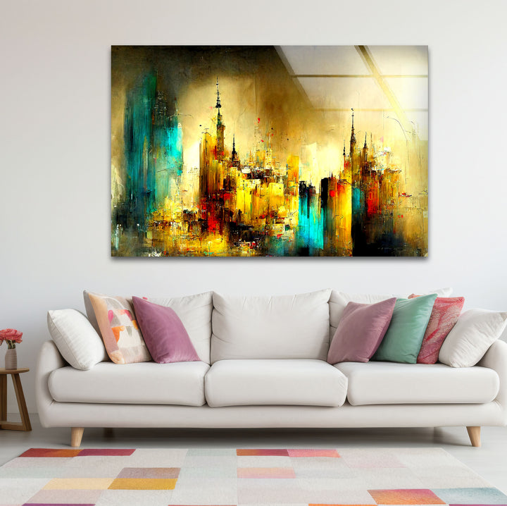 Abstract Cityscape Wall Art – Golden and Teal Urban Glass Print Design