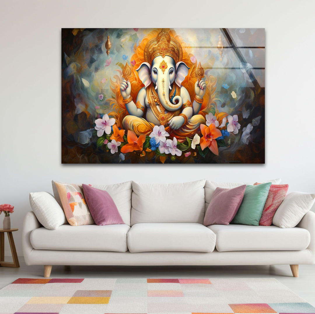 Sacred Ganesha Wall Art – Divine Floral Hindu Decor Glass Print