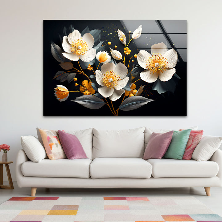 Elegant Bloom Glass Wall Art – White & Gold Floral Design