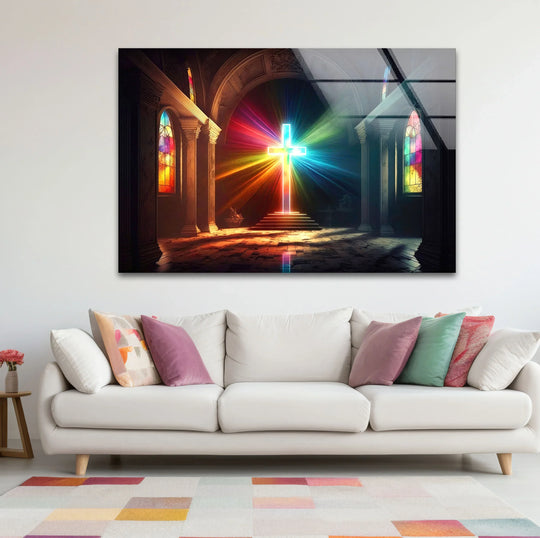 High color saturation highlights the bright rainbow hues in this Christian glass art painting, a radiant cross glass print that evokes a spiritual ambiance.