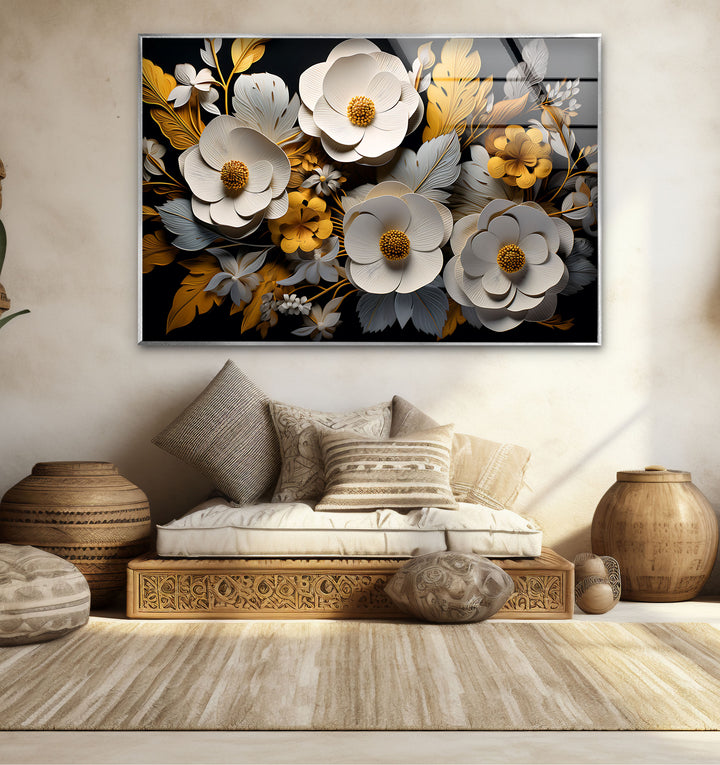 Luxuriöse florale Glaswandkunst – Gold- und weißes 3D-Blumendesign 