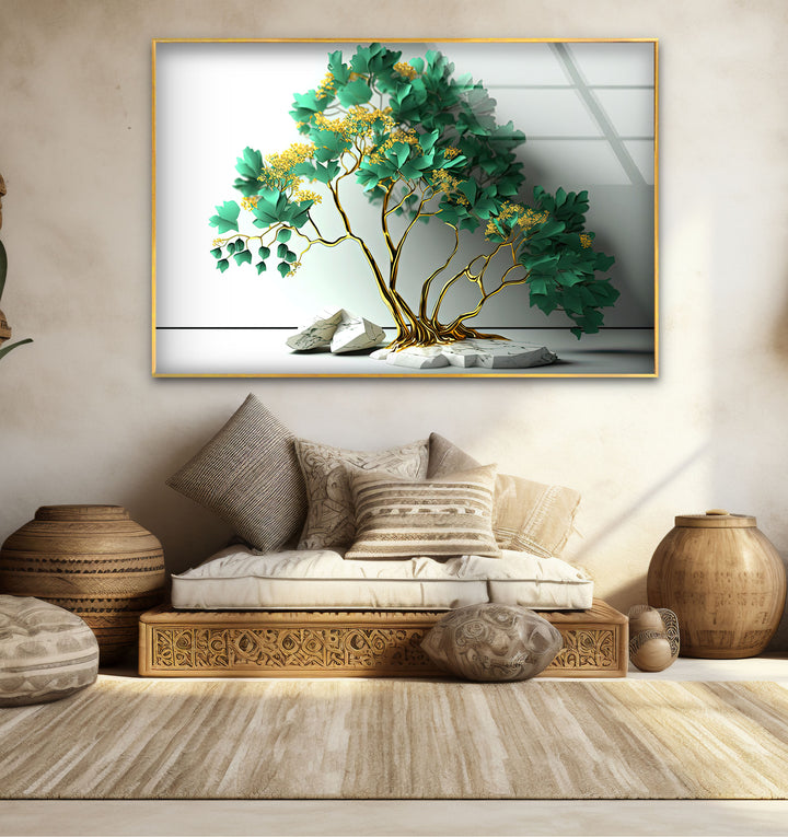 Elegante grüne Baum-Wandkunst – Goldener botanischer Glasdruck mit Marmorsockel