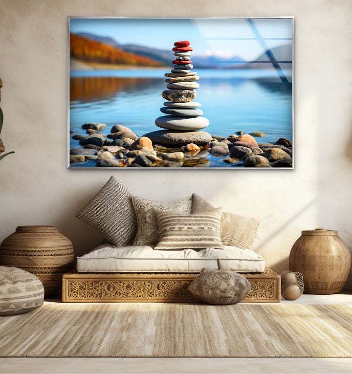 Stacked Stones Glass Wall Art – Tranquil Lake Balance Scene