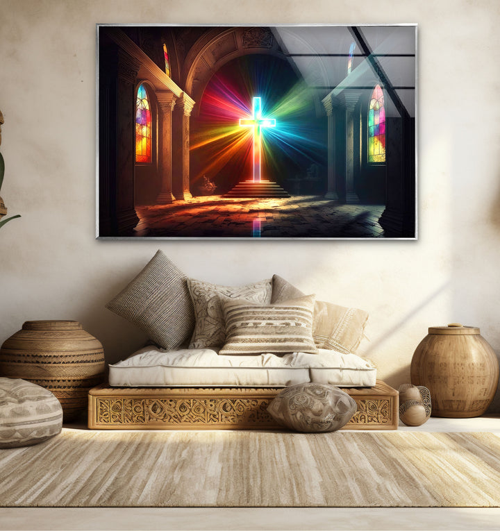 Radiant Cross Wall Art – Colorful Light Burst Christian Glass Print