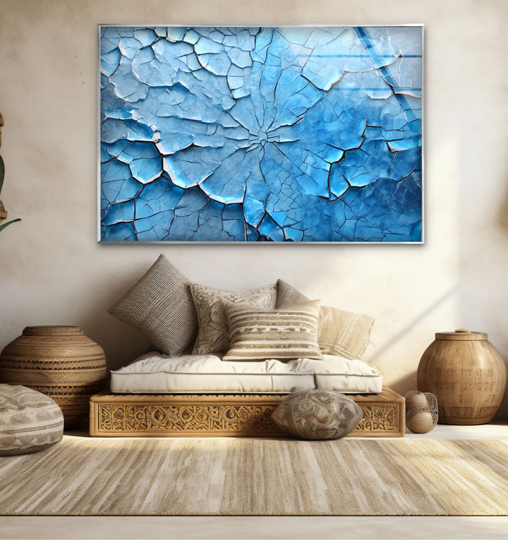 Cracked Ice Abstract Wall Art – Blue Textured Glass Print Design