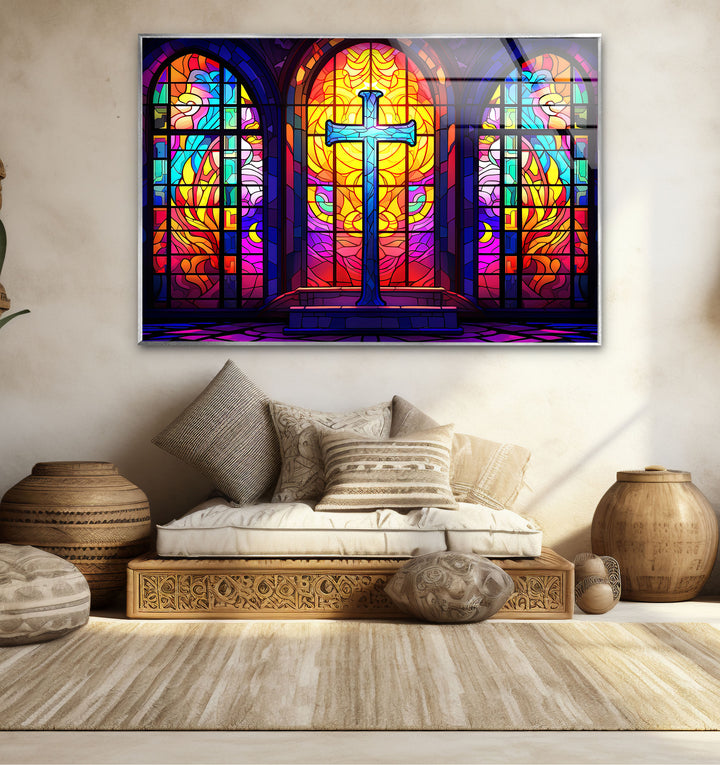 Stained Glass Church Cross Wall Art – Colorful Christian Glass Print Design