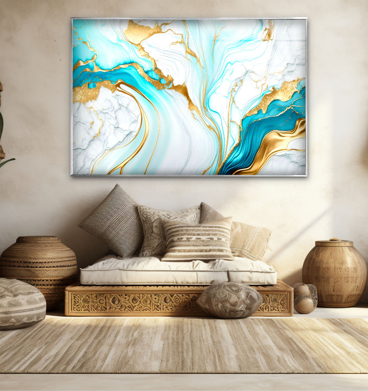 Wandkunst aus blauem und goldenem Marmor – Eleganter, fließender abstrakter Glasdruck
