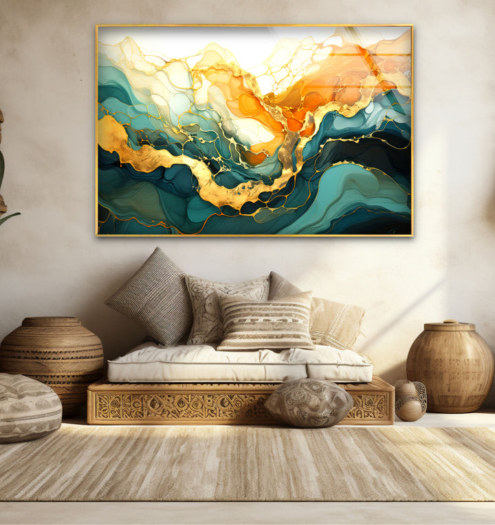 Golden Horizon Abstract Wall Art – Emerald & Gold Tempered Glass Print