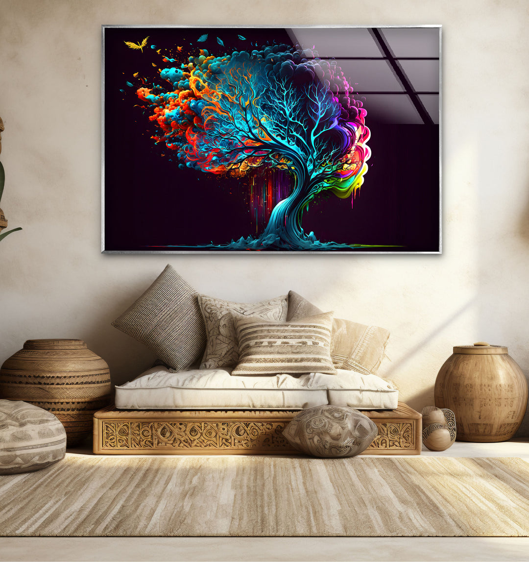 Farbenfrohe Fantasy-Baum-Wandkunst – Lebendiges abstraktes Glasdruck-Design